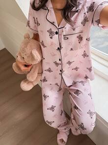 Napfluff Vår & höst Nytt björn- & rosetttryck med korta ärmar för kvinnors pyjamasset - Multifärgad - Visa 4