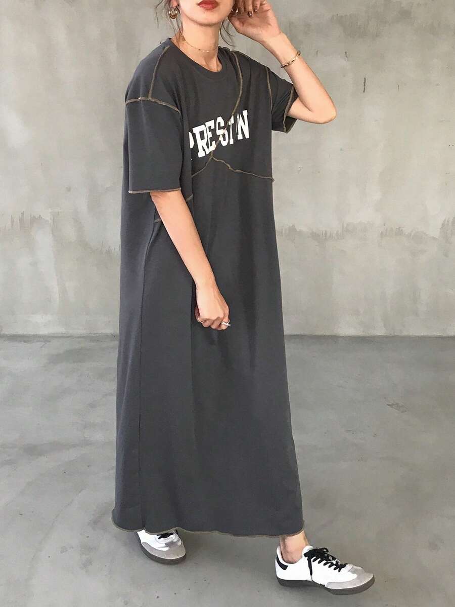 FRIFUL Đầm dài dáng rộng cho nữ, in chữ, xẻ tà và đường may trang trí, đầm maxi mùa hè. - Xám - Xem 1