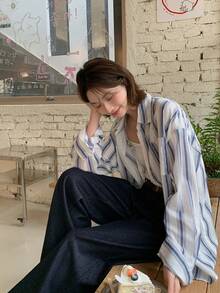Women's Turndown Collar Striped Casual Loose Long Sleeve Blouse, Korean Style, Spring/Summer - Baby Blue - View 4