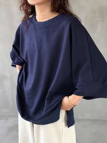 FRIFUL 女士海军蓝宽松基础款T恤，休闲夏季服装 - 藍色 - 查看 8