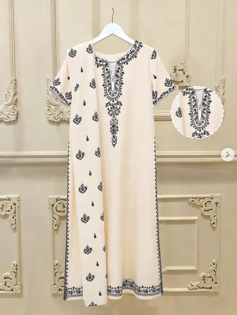 Lyxana Women's Elegant Round Neck Cutout Ribbon Printed Long Loose Dress, Suitable For Holidays And Vacations, Spring/Summer And Autumn/Winter - Multicolor - View 1