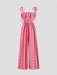 Sweetra 女士万圣节服装、感恩节服装、新年服装，适合派对、通勤、日常、旅行、度假。女士时尚连体裤，波西米亚风，度假风，可调节肩带，荷叶边装饰，松紧腰带，修身显瘦，无袖阔腿连体裤 - 粉色 - 查看 1