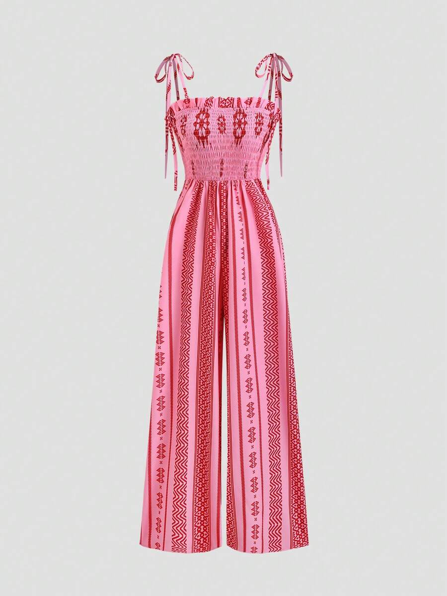 Sweetra 女士万圣节服装、感恩节服装、新年服装，适合派对、通勤、日常、旅行、度假。女士时尚连体裤，波西米亚风，度假风，可调节肩带，荷叶边装饰，松紧腰带，修身显瘦，无袖阔腿连体裤 - 粉色 - 查看 1