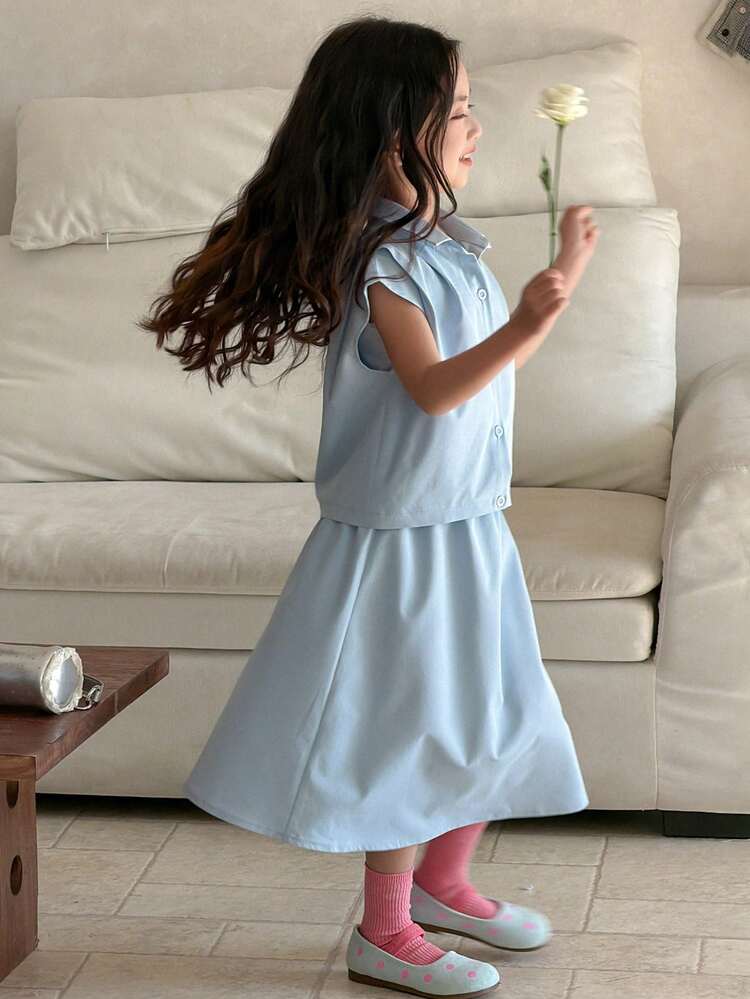 2pcs Young Girl Solid Color Polo Collar Casual Shirt And Skirt Set Spring Summer