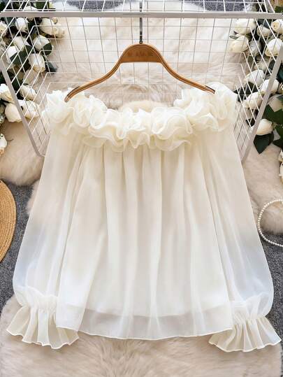 Franclia 休闲优雅简约法式3D立体花卉雪纺露肩A字宽松大码女式衬衫