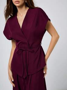 SHEIN Maija Women's Solid Color Minimalist Daily Short Sleeve Top And Pants Suit Pant Suit Summer Sets Co Ord Set Women - Burgundy - View 4