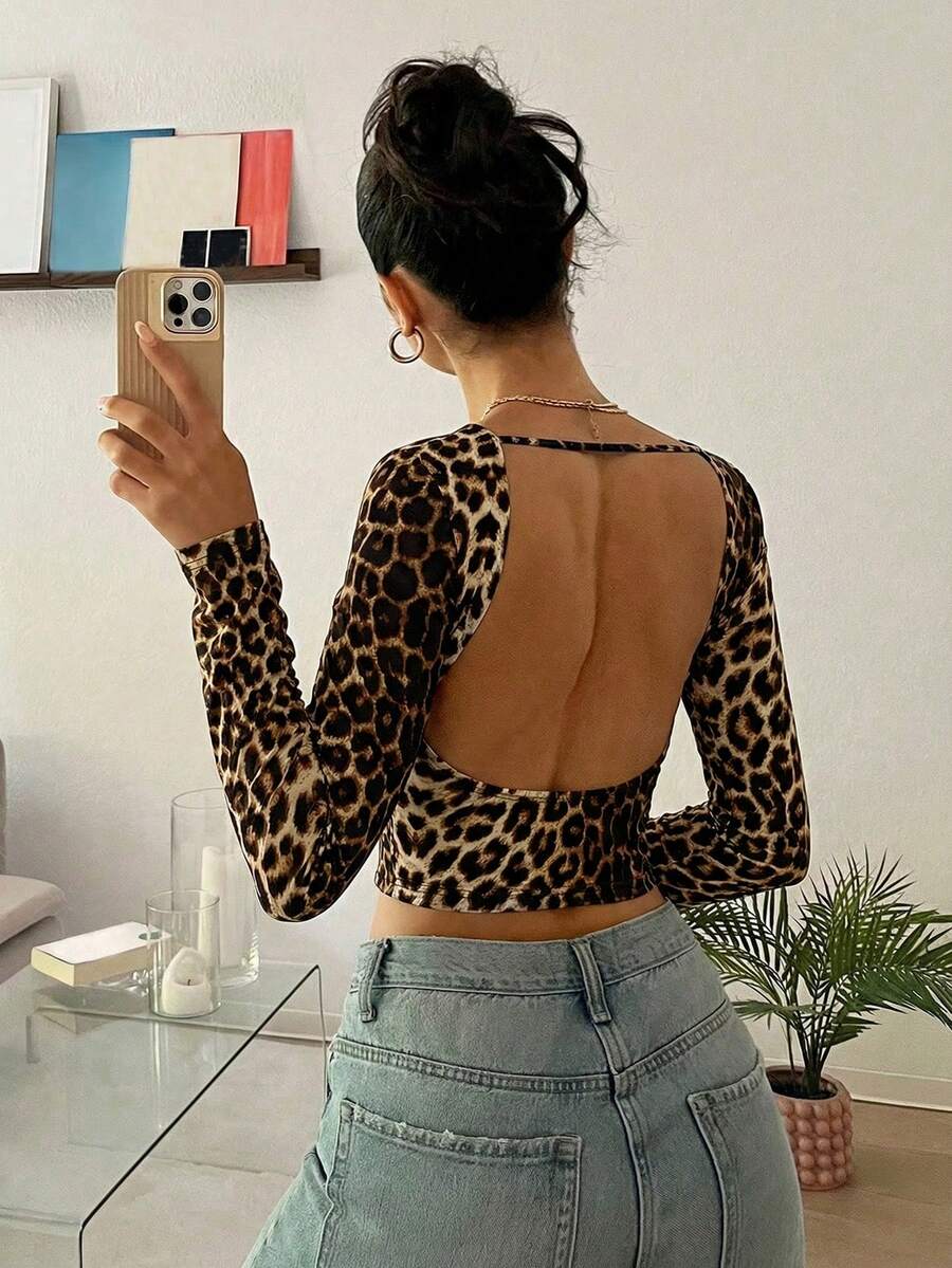 SHEIN EZwear Áo thun dài tay ôm sát, hở lưng, họa tiết da báo mới dành cho nữ - Nhiều màu - Xem 1
