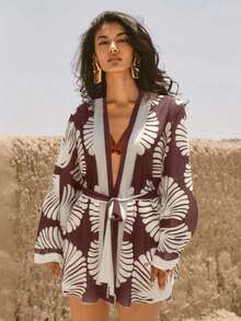 Swim Chiccia Boho Seashell Print Chiffon Kimono Cover Up, Beach Vacation Bohemian Ocean Style - Burgundy - View 9