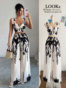 Elenzga Bộ đồ đi nghỉ mát 2 món: Áo hai dây in họa tiết Bohemian xanh trắng có dây buộc và quần ống đứng. - Nhiều màu - Xem 8