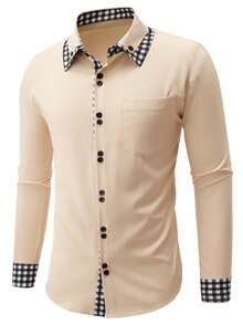 Calvornis Men's Business Casual Plaid Patchwork Long Sleeve Pocket Shirt,Black And White Checkered,Autumn,Smart Casual,Office,Daily Leisure,Weekend Trips,Gift - Pink - View 4