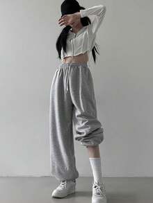 DAZY 抽绳松紧腰带和袖口慢跑运动裤，女式慢跑裤 - 灰色 - 查看 5