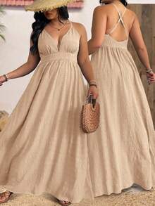 SHEIN LUNE 大码女式深V领交叉露背纹理腰带沙滩度假连衣裙 - 杏色 - 查看 3