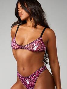 Missguided x Playboy Leopard Print Bralette And Thong Lingerie Set With Bunny Logo Black Adjustable Straps Intimate Two Piece Underwear - Multicolor - View 4