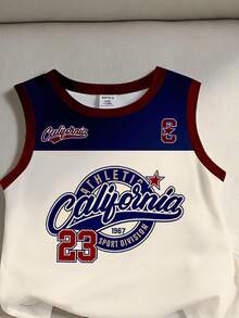 SHEIN Streecool Kids 一套男童休闲时尚运动风套装，包含一件印有数字23和加州字母图案的撞色圆领背心和短裤，针织面料，适合休闲和运动穿着。 - 彩色 - 查看 4