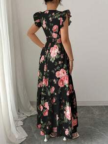 Rafferiza Women's Floral Print Shirred Cap Sleeve Waist Tie Elegant Dress - Black - View 2