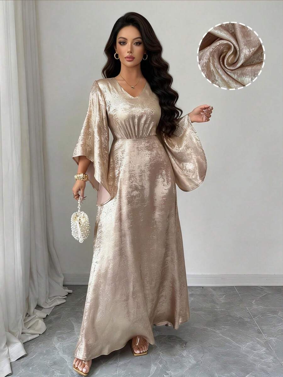 Elenzga Đầm chữ A thanh lịch cổ chữ V, thắt eo, tay áo bất đối xứng, đầm dự tiệc cocktail cao cấp, thích hợp cho các buổi hẹn hò và ngày lễ. - Vàng - Xem 1