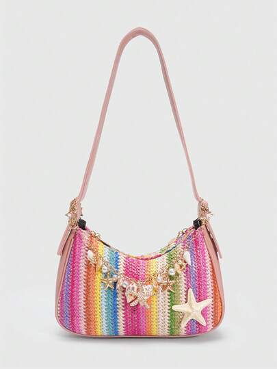 ROMWE Fairycore 1Pccolorful Dopamine Resort Style Starfish Shell Decor Straw Bag, Tropical Island Beach Bag, Suitable For Spring And Summer Travel Vacation Outfit