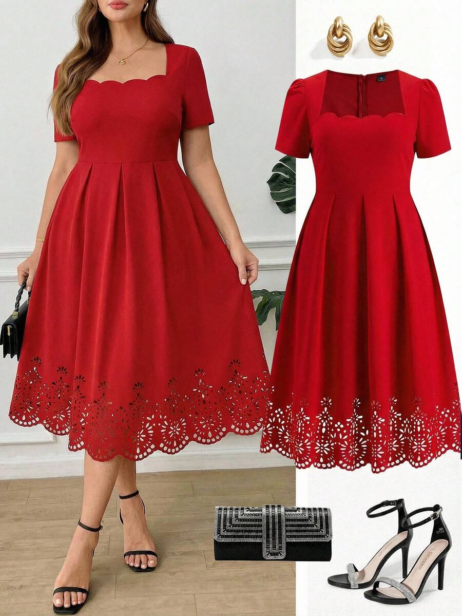 SHEIN Clasi 大码优雅女士中长连衣裙,方领设计,贝壳饰边 - 紅色 - 查看 1
