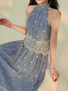 DAZY Women's Elegant Floral Embroidery Halter Neck Sleeveless Top And Skirt 2-Piece Set, Summer - Blue - View 6