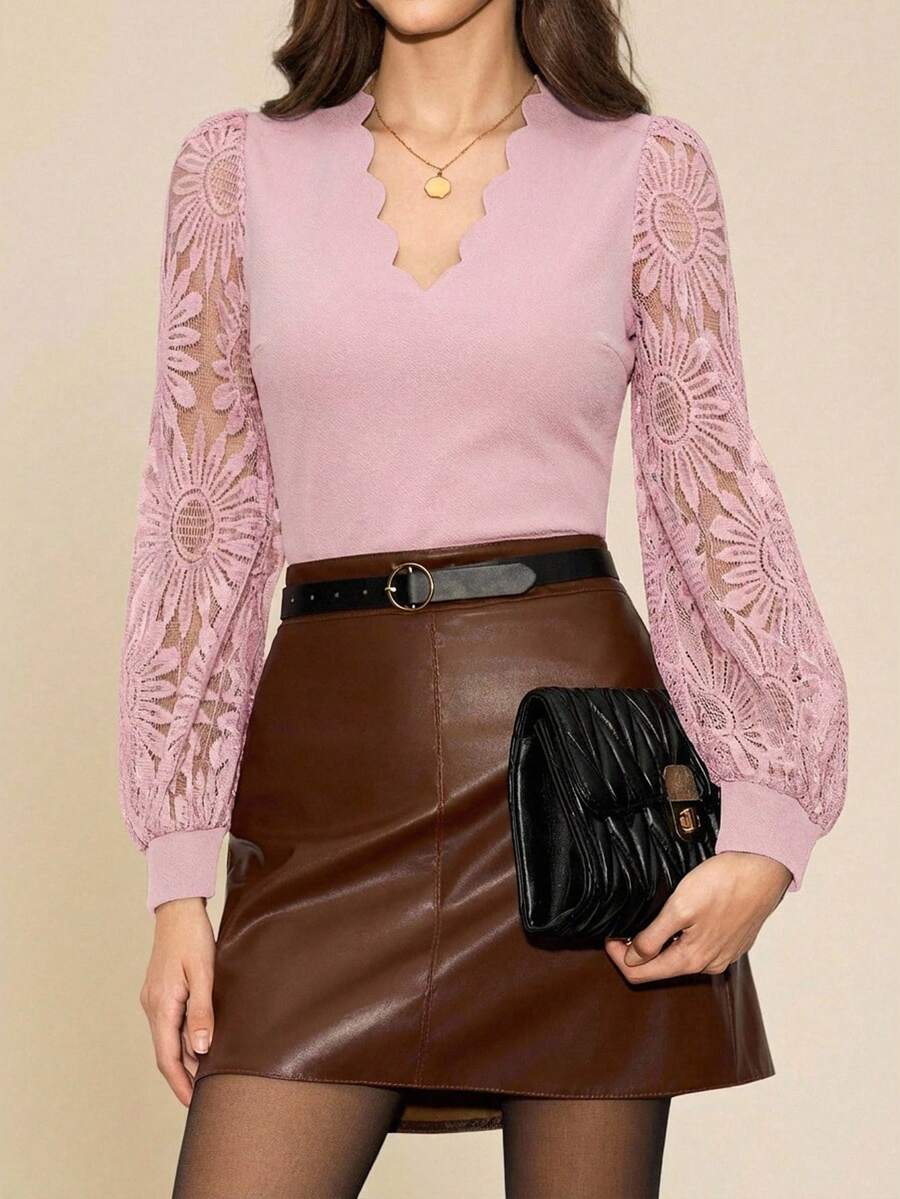 Amorya 女士优雅V领贝壳刺绣蕾丝拼接修身衬衫上衣,适合秋季穿着 - 粉色 - 查看 1