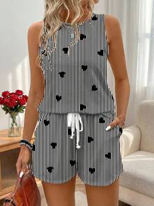 SHEIN LUNE Bộ đồ 2 mảnh nữ họa tiết trái tim kẻ sọc lãng mạn cổ tròn không tay và eo chun co giãn, hai túi, kiểu dáng thường ngày. - Nhiều màu - Xem 4