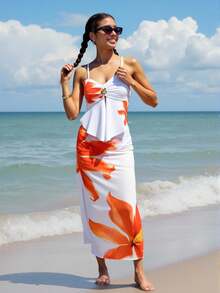 Teen Girls3pieces,Orange Flower Print Fitted,Bikini Sets And Cover Ups,Bikini Sets Beach Wear,Travel,Relax,Sunbathing,Water-Resistant,Sun,Summer,Anti-Uv,Sun Protection,Swim,Beach,Sea,Holiday,Vacationsummer - Multicolor - View 4