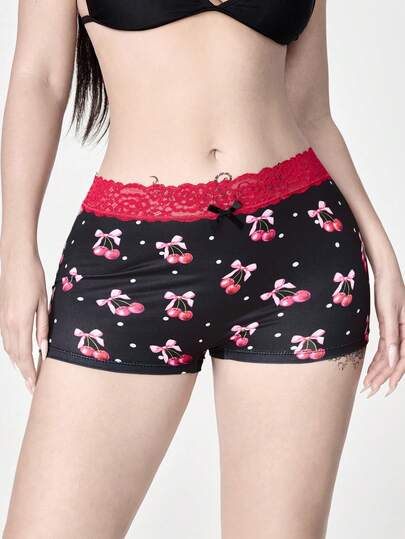 ROMWE Kawaii Women's Comfortable Cherry Print Lace Patchwork Boyshort Panties