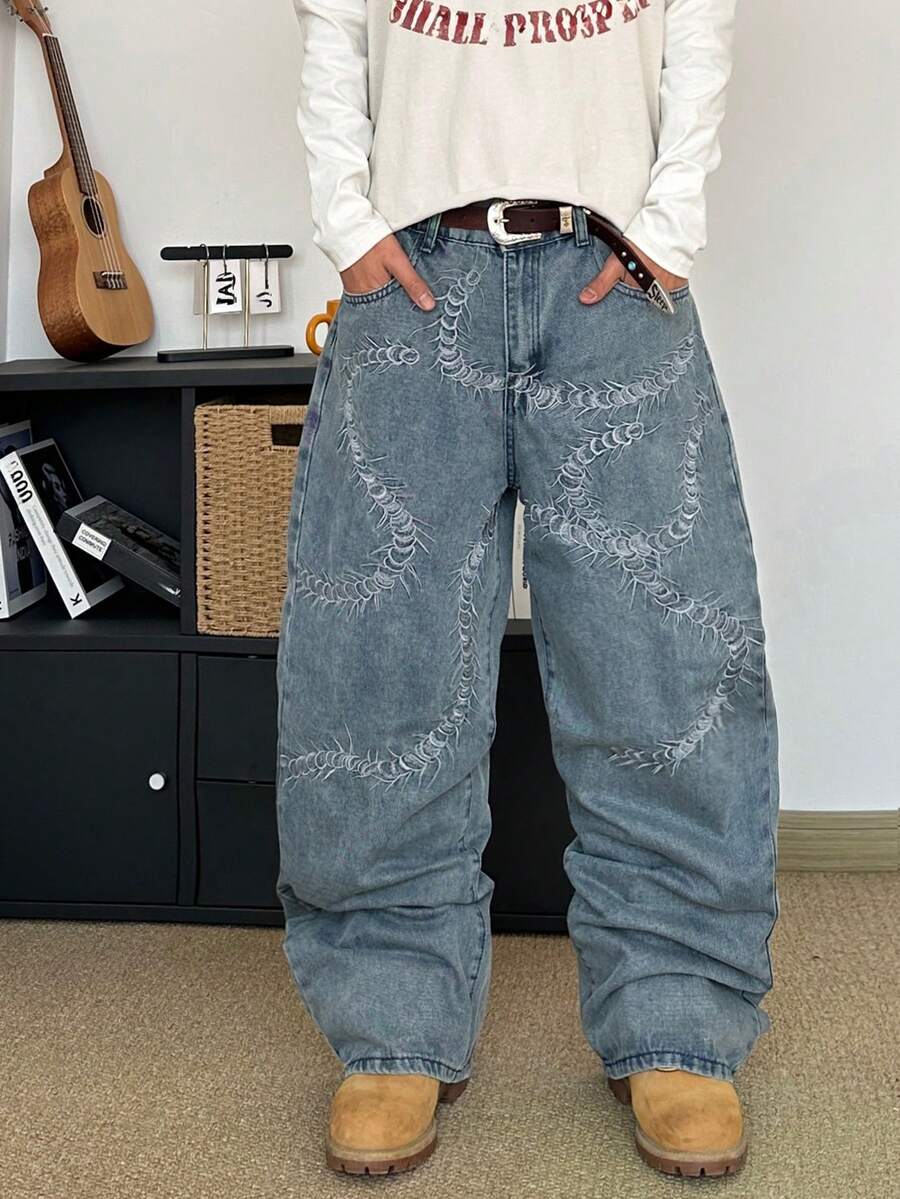 STEELVANCE Quần jeans nam dáng suông, rộng, thêu hình côn trùng, phong cách đường phố, bạc màu, giặt mài. - Màu xanh lam - Xem 1