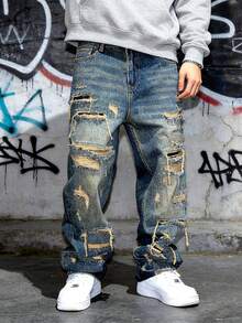 HIMLAND Men's Street-Style Distressed Slant Pocket Straight Leg Jeans - Dark Wash - View 5