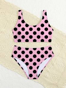 SHEIN 两件套女童泳衣套装，黑色波点印花，修身款，适合度假、海滩、夏季穿着。高腰比基尼套装，适合青少年女孩。两件套波点比基尼，适合青少年女孩的沙滩装。 - 彩色 - 查看 5