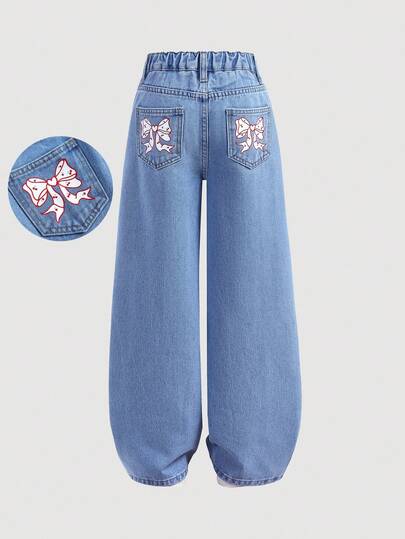 SHEIN 少女时尚休闲 Y2K 复古酷炫街头可爱精致蝴蝶结樱桃图案蓝色宽松舒适牛仔裤，适合少女日常穿着，也适合春夏派对、节日和街头服饰。