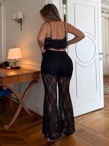 Maria Perezxox Women's High Waist Flare Lace Knit Elegant Pants For Women To Date , Elegant Style, Elegant Clothes For Women ,Sxy Outfits, Night Out Outfits, Going Out Outfit,Lace Flared Pants,For Autumn And Winter - Black - View 2