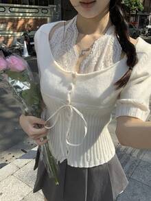 DAZY Blusa de punto con aplicaciones de encaje, estilo coreano femenino - Albaricoque - Ver 5