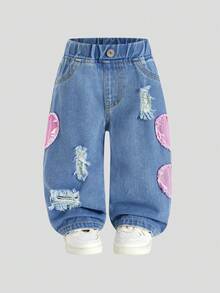 Pantalones acampanados con bordado de copos de nieve desgastados para bebés/niñas pequeñas - Azul - Ver 3