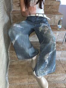 DAZY 女士宽松复古牛仔裤，韩版街头风 - 藍色 - 查看 2