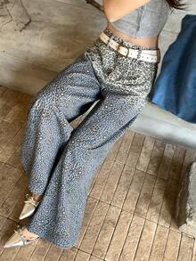 DAZY Quần jeans ống rộng dáng suông in họa tiết da báo, đính sequin chuyển màu cổ điển dành cho nữ, thích hợp cho mùa hè. - Màu xanh lam - Xem 5