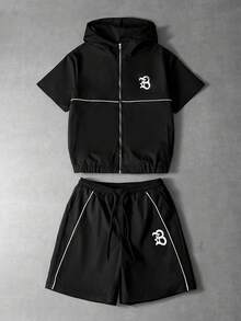 Bộ đồ nam PAVTROS gồm áo khoác cardigan có mũ trùm đầu và quần short, phối sọc phản quang, thích hợp cho Ngày Valentine, Xuân Hè, làm quà tặng cho bạn trai, lễ hội Mardi Gras, phong cách cổ điển, thời trang đường phố, tiệc tùng, ngày lễ Thánh Patrick, đi chơi. - màu đen - Xem 1