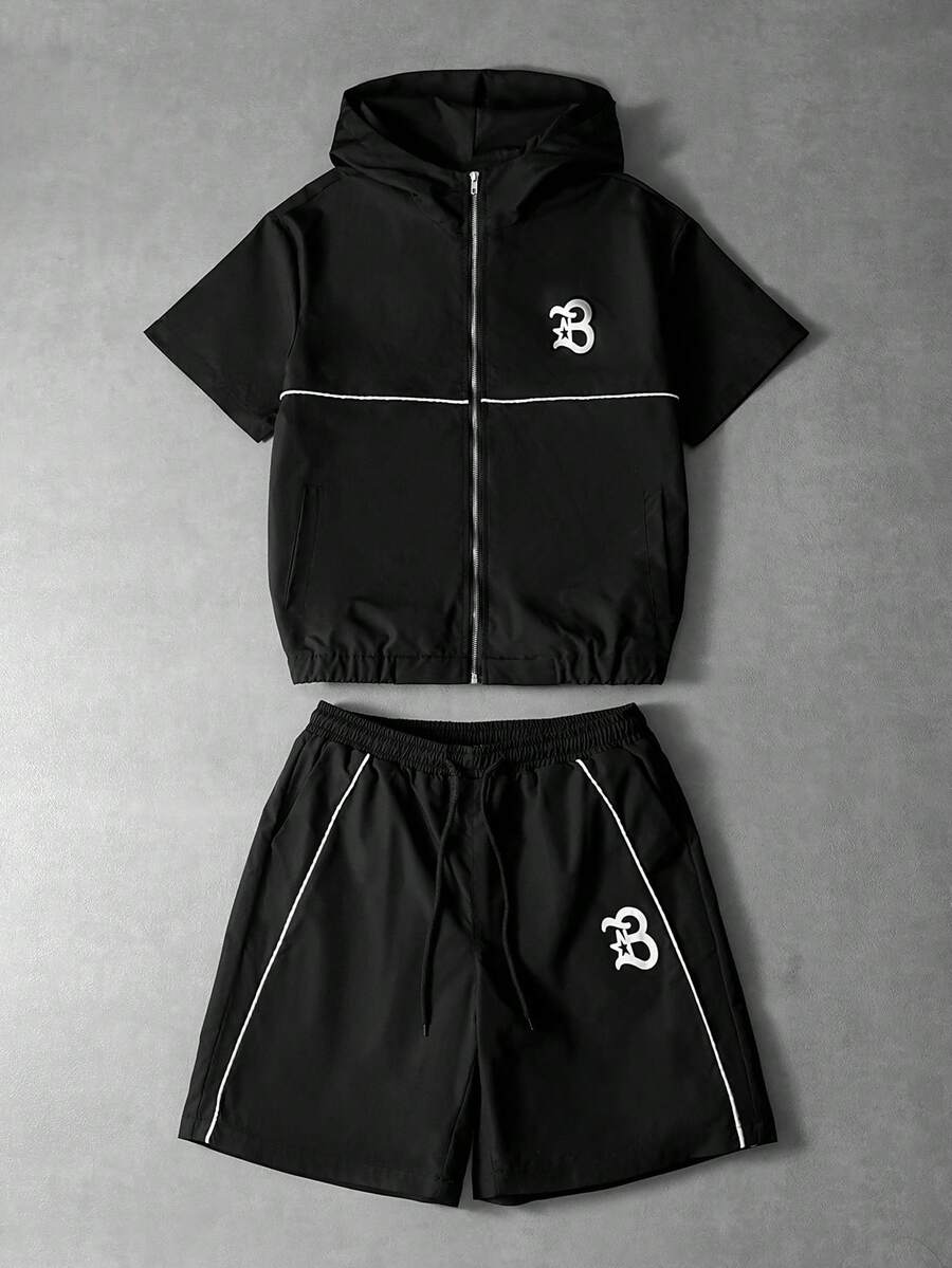 Bộ đồ nam PAVTROS gồm áo khoác cardigan có mũ trùm đầu và quần short, phối sọc phản quang, thích hợp cho Ngày Valentine, Xuân Hè, làm quà tặng cho bạn trai, lễ hội Mardi Gras, phong cách cổ điển, thời trang đường phố, tiệc tùng, ngày lễ Thánh Patrick, đi chơi. - màu đen - Xem 1