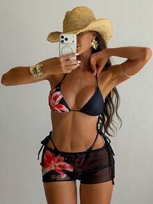 Swim SXY 3pcs Women's Black Lily Flower Print Swimsuit Set, Includes Patterned Top With Side Tie, Bottoms, And Mesh Shorts, Sexy Summer Beach Swimwear - Black - View 3