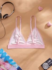 Eraneu Heart Print Lace Trim Triangle Cup Bra - Pink - View 7
