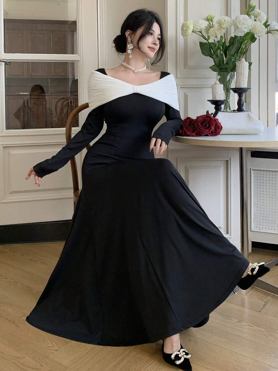 DAZY Đầm thiết kế nơ, dáng ôm tôn dáng, đầm dài kiểu Pháp dành cho nữ, đầm maxi mùa hè. - màu đen - Xem 1