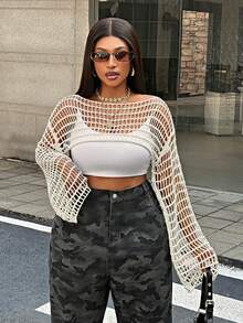 Maweii Áo cardigan nữ dáng ngắn màu trắng, cổ thuyền, tay dài, vai rớt, khoét lỗ, thiết kế đơn giản, gợi cảm, phong cách Y2K, thích hợp cho kỳ nghỉ hè, đi biển, đi nghỉ mát. - trắng - Xem 5