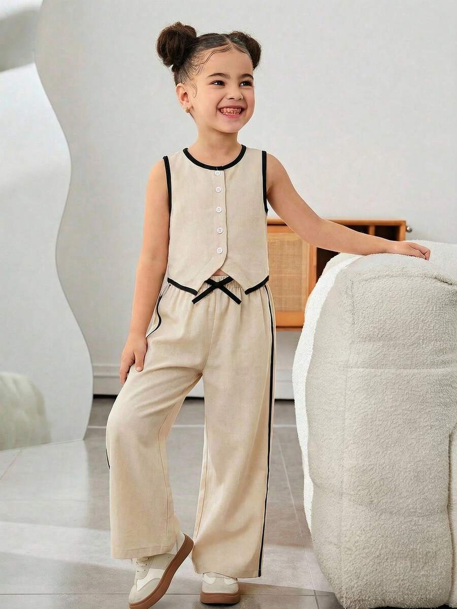 SHEIN Young Girl Casual Spring/Summer Plain Woven Sleeveless Vest And Pants Set
