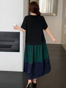 DAZY 女士宽松拼接中长圆领连衣裙，春夏款 - 彩色 - 查看 5