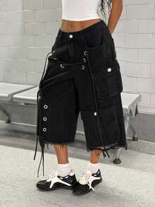 StreetHx 女士休闲十字绣工装牛仔裤，夏季 - 黑色 - 查看 4