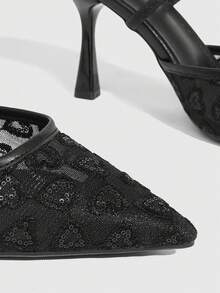 CUCCOO SZL 女士尖头网眼纹理细高跟系带凉鞋 - 黑色 - 查看 5