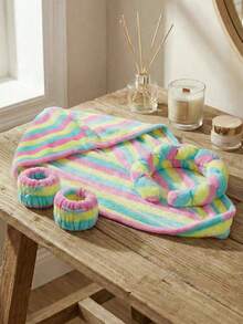 Zestaw 3 szt.: Chłonny czepek do suszenia włosów + opaska na głowę + opaska na nadgarstek, miękki czepek do suszenia włosów wykonany z materiału tekstylnego, odpowiedni do użytku domowego - Wielokolorowe - Zobacz 10