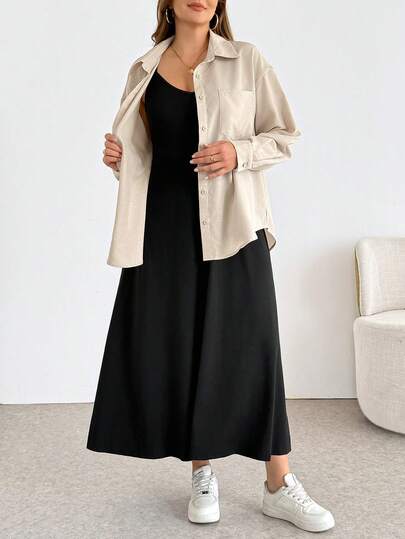 Shapeblank Plus-Size Women's Spring/Summer Fashion Casual Loose Comfortable Everyday Basic Versatile Slimming Apricot Button Long-Sleeved Shirt And Black Waist-Cinching Suspender Long Dress Two Pieces Set,Spring Outfits,Simple Style,Airport Outfits