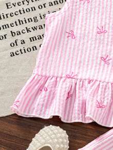 Young Girls T-Shirt Set, Sleeveless Top + Ruffle Hem Babydoll Style, Paired With Matching Shorts, Overall Fresh Casual Set; Soft Pink Tone + Bow Accent, Typical Sweet Style Suitable For Spring-Summer - Pink - View 6