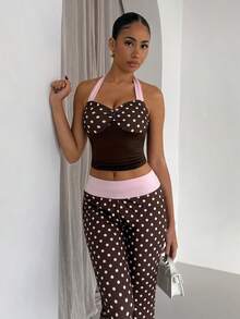 SHEIN Glamour 2 Piece Sets Brown And Pink Color Wave Point Sexy Backless Sleeveless Top Pants Set,Streetwear,Autumn And Winter Set,Concert Set,Club Set,Date Night Set,Elevated Elegance Set,Prom Set,Rave Set,Women Birthday Set,Party Must Have,Christmas Set,Valentine Set,New Year Set - Multicolor - View 3